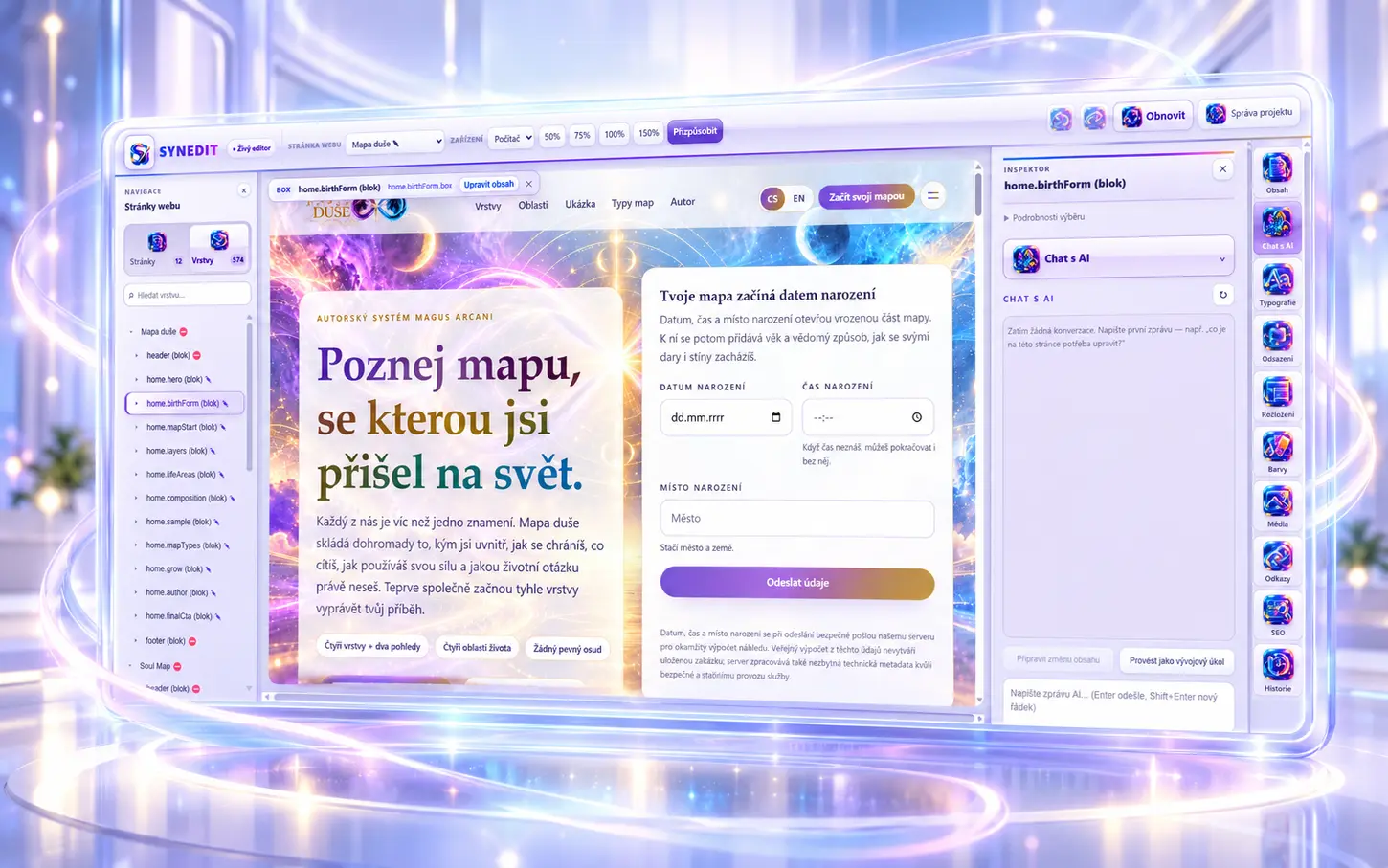 SYNEDIT visual editor with layers, design canvas and AI assistance