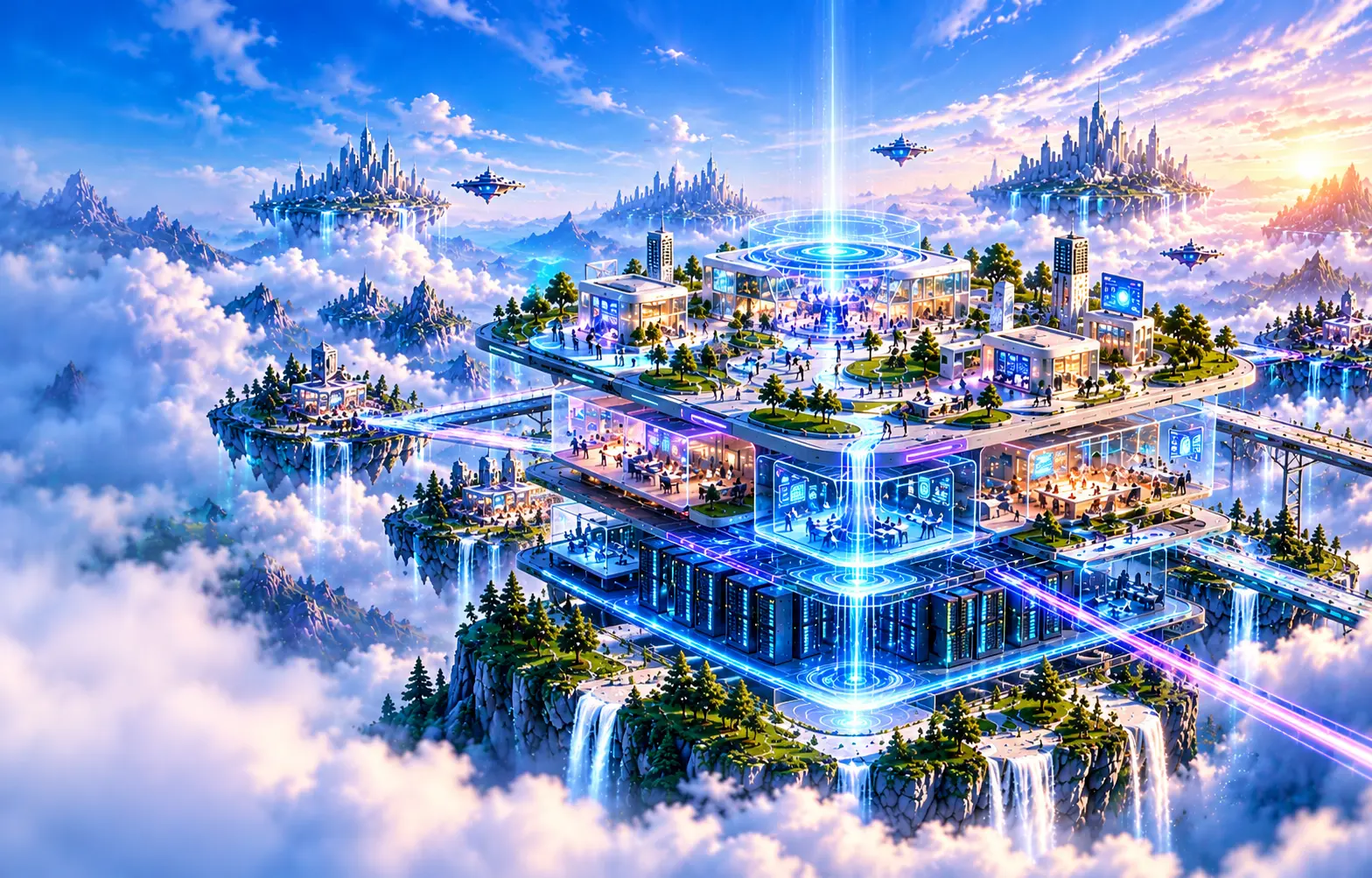 A wide digital infrastructure scene with cloud and data centres